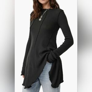 Free People NWOT  Unique Asymmetrical Hem Black Long Sleeve Top Ruffle Mock Neck